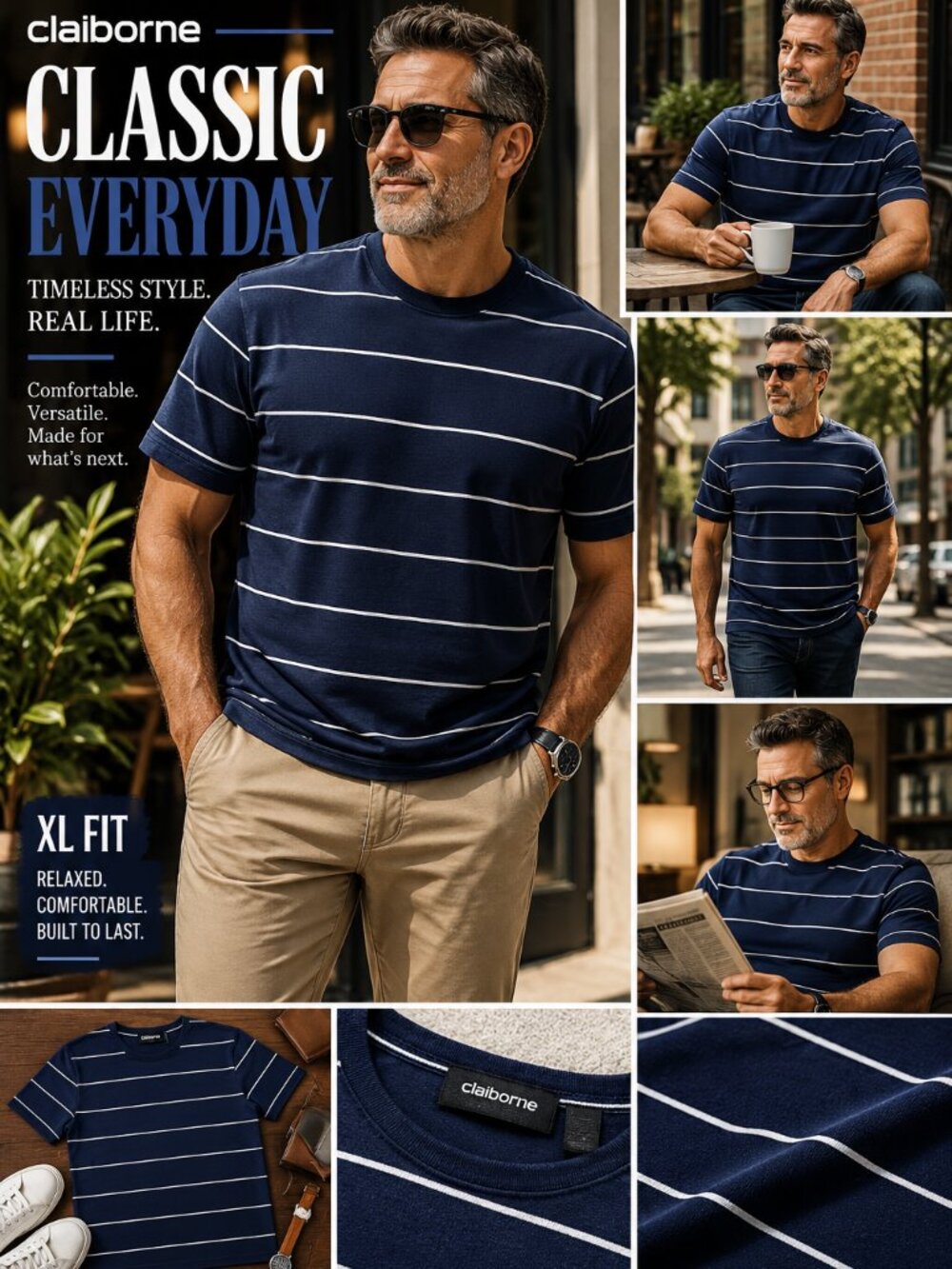 Claiborne Navy Striped Tee Men's XL